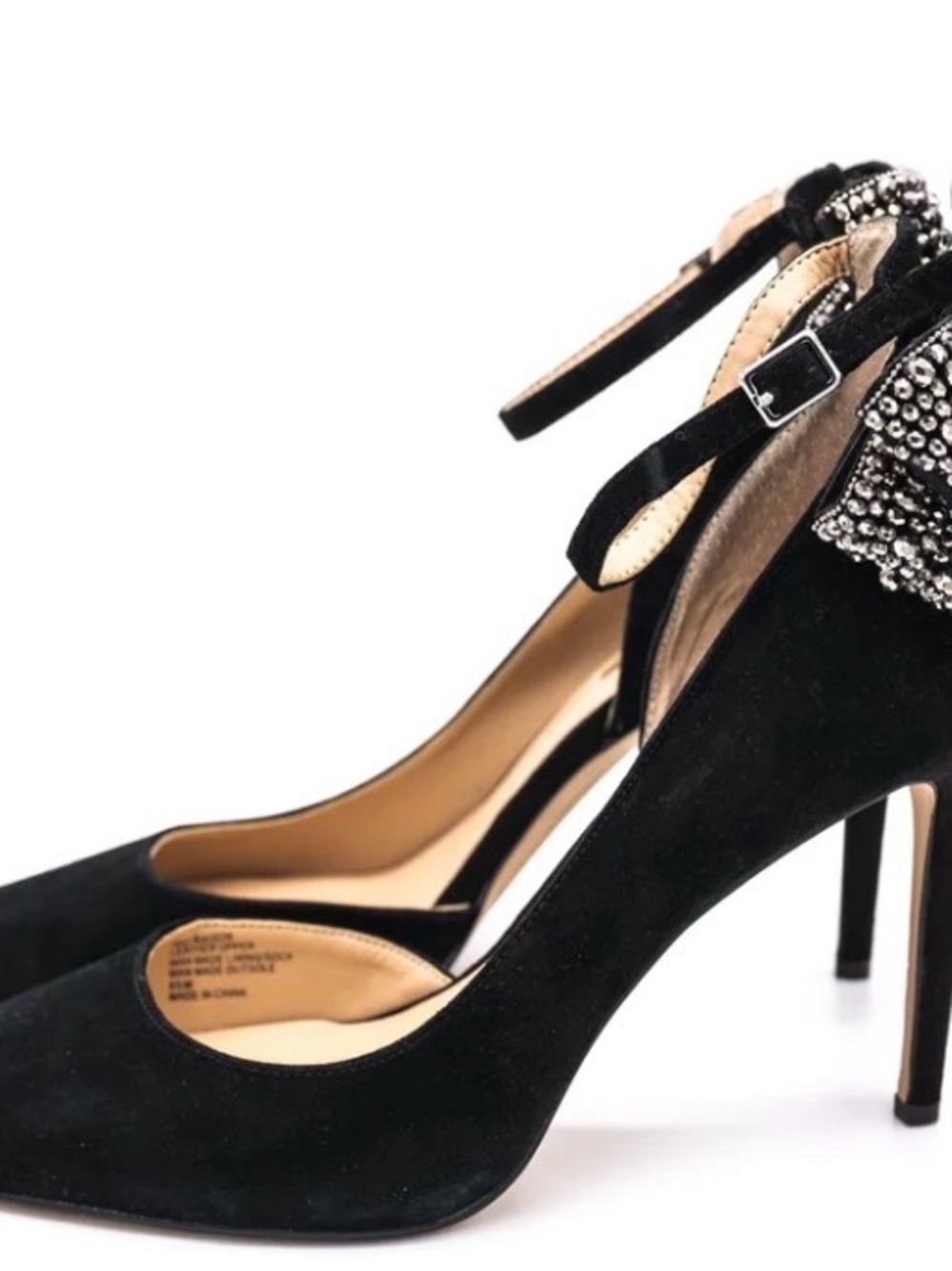 Black Suede Ankle-Strap Pumps with Crystal Accent